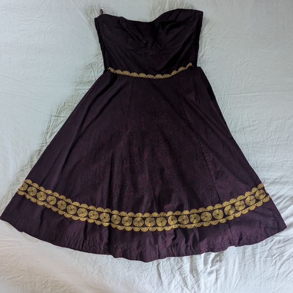Girls from Savoy Anthropologie Plum Purple Gold Embroidered Strapless Dress 10